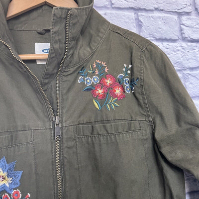 OLD NAVY Olive Green Floral Embroidered Jacket Sz S Chambray Field Cargo Boho