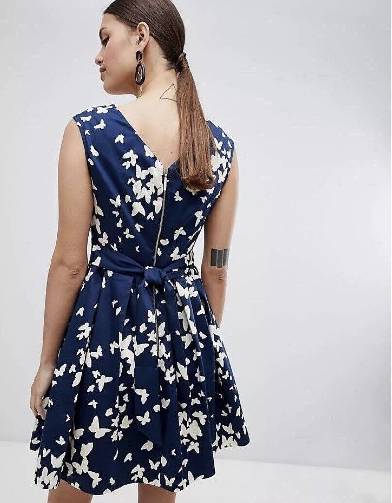 MODCLOTH Closet London Midi Dress Sz 10 Fit Flare Navy/Tan Butterfly Print