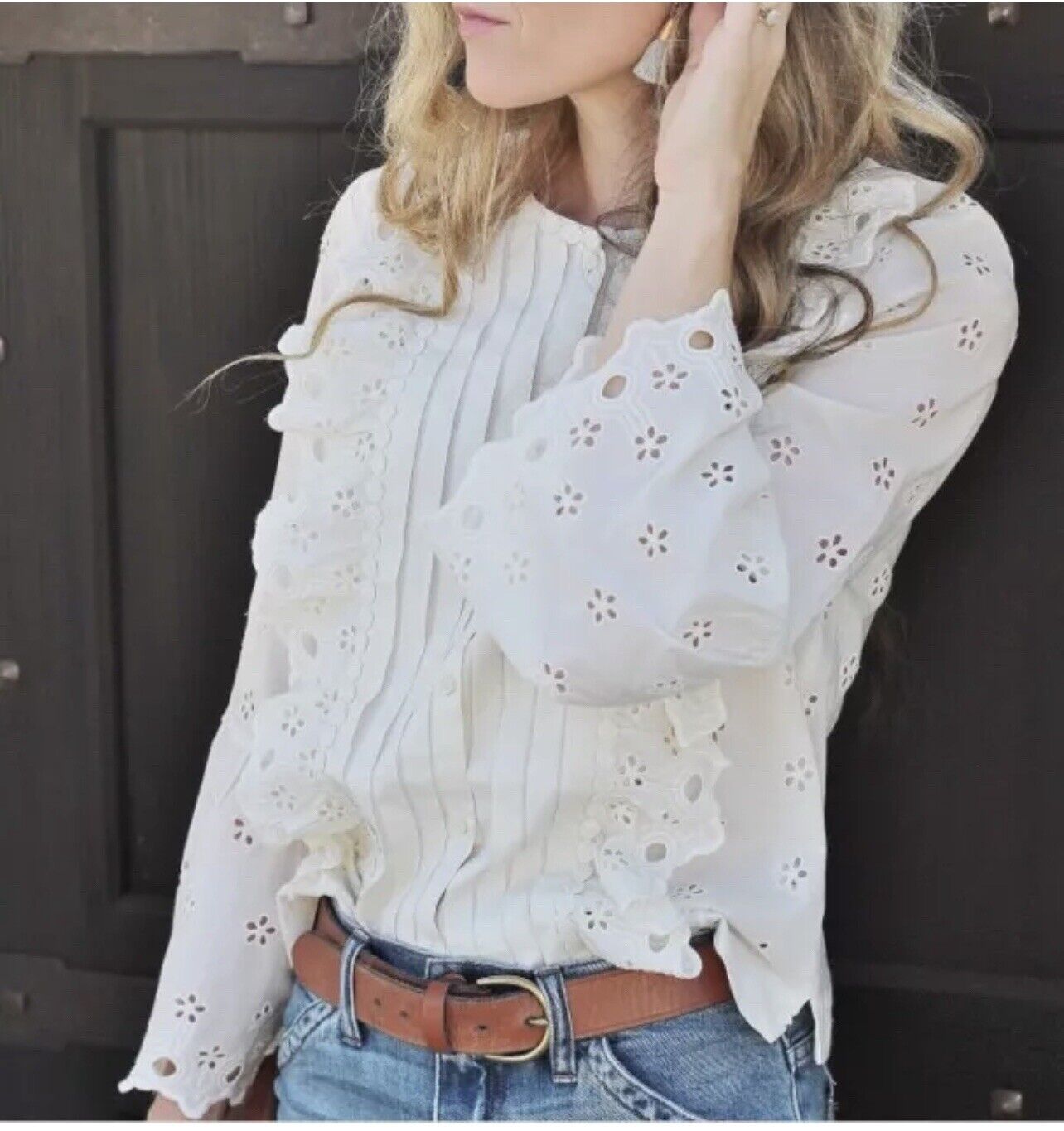 J. CREW Eyelet Ivory Top G8370 Size 4 Petite Botton Up Blouse Western Boho