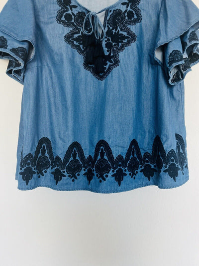 CROWN IVY Embroidered Shirt Curvy Top Blue Denim Chambray Floral Bliss Boho