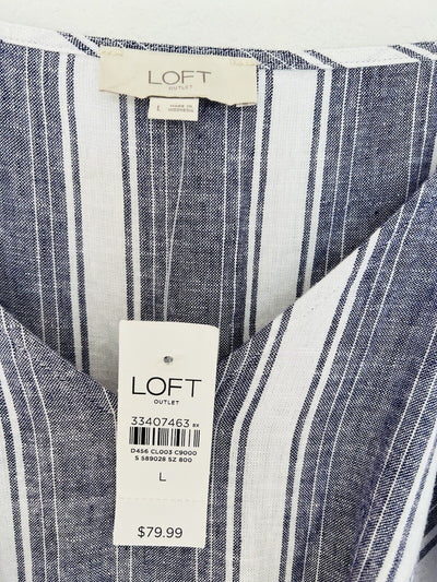 LOFT NWT Linen Blend Wide Leg Jumpsuit Sz L Khaki Blue Striped Minimalist Boho