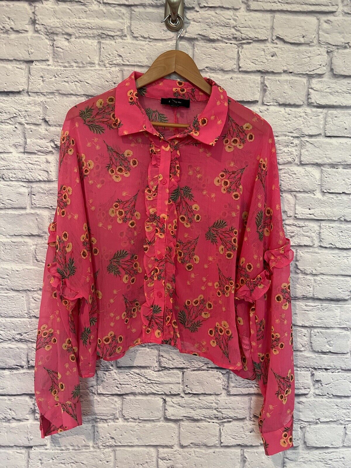FOREVER 21 Sheer Sz 3X Button Front Blouse Pink Floral Long Sleeve Ruffle Boho