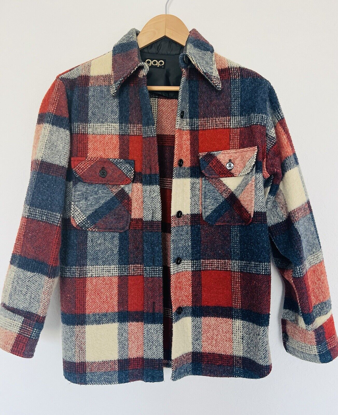 GAP Vintage Plaid Heavy Woven Button Down Shirt Jacket Red Blue Classic 80s