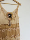 1920s Lace & Tulle Slip Style Dress Tan Tea Stained Bodice Gatsby Boho