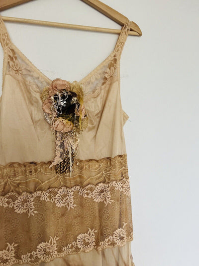 1920s Lace & Tulle Slip Style Dress Tan Tea Stained Bodice Gatsby Boho