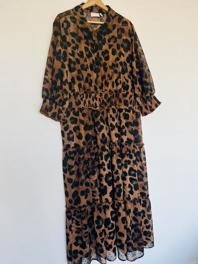 ASOS Curve Animal Leopard Print Dress Sz 18 Sheer Tiered Ruffle Smocked Waist