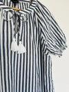 TALBOTS Tassel Tie Neck Blouse Sz S White Black Stripe Shirt Ruche Sleeve Boho