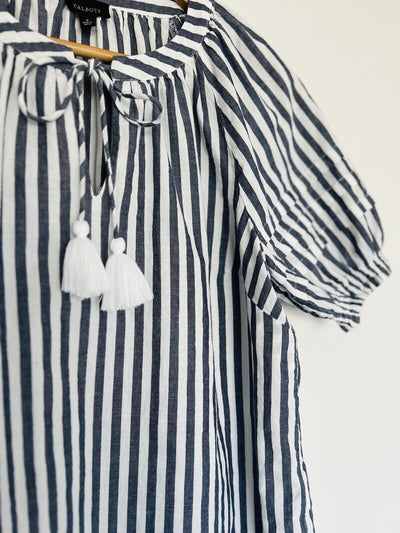 TALBOTS Tassel Tie Neck Blouse Sz S White Black Stripe Shirt Ruche Sleeve Boho