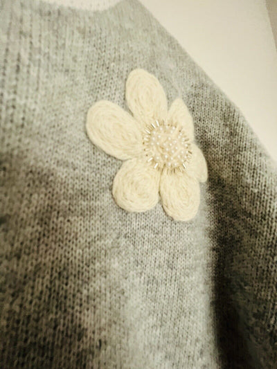 UNBRANDED Daisy 3D Floral Embroidered Sweater Sz S Top Crop Short Sleeve Gray