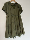 ENTRO Army Olive Green Tiered Tunic Dress Sz M Lined Ruffled V-Neck Boho
