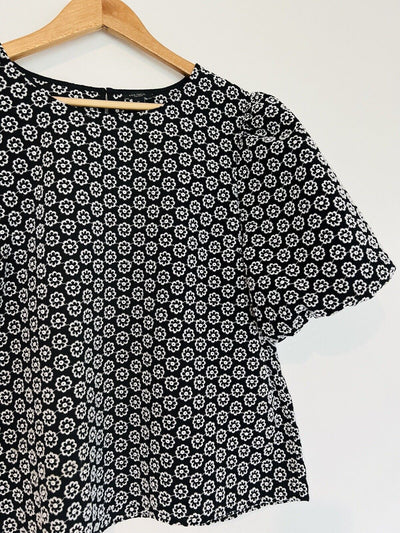 LOFT Embroidered Eyelet Puff Sleeve Blouse Sz XL Black/White Top Crop Boho