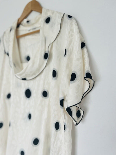 UNBRANDED Ivory Spot Black Blouse Sz 1 Cowl Neck Flowy Pullover Short Sleeve
