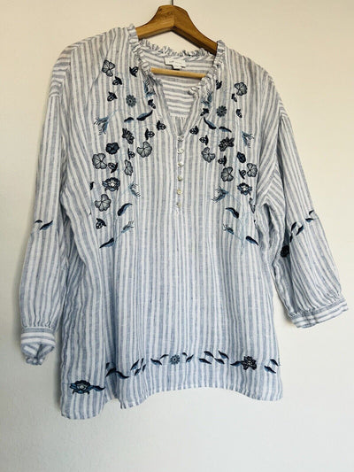 J Jill Love 100% Linen Embroidered Striped Tunic Blouse Sz M Floral Western Boho