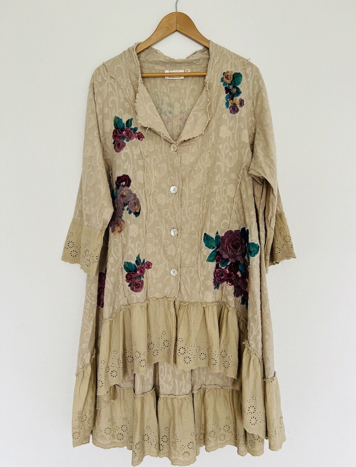 PAPER LACE Floral Design Shirt Jacket Sz 2X Duster Button Ruffle Boho Lagenlook