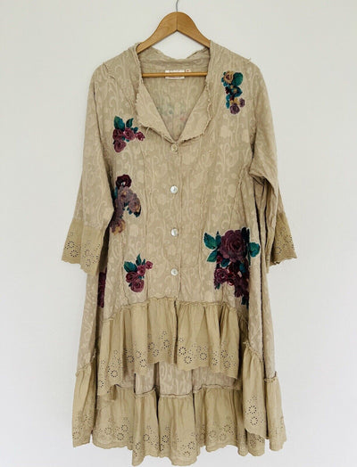 PAPER LACE Floral Design Shirt Jacket Sz 2X Duster Button Ruffle Boho Lagenlook