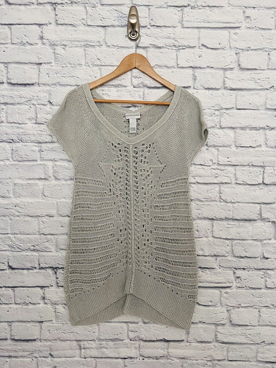 SOFT SURROUNDINGS Crochet Sweater Sz Petite L Gray Short Sleeve Open Knit Long