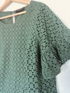 LANE BRYANT Olive Ruffle Sleeve Eyelet Blouse Sz 18 Lined Cropped Boho Top