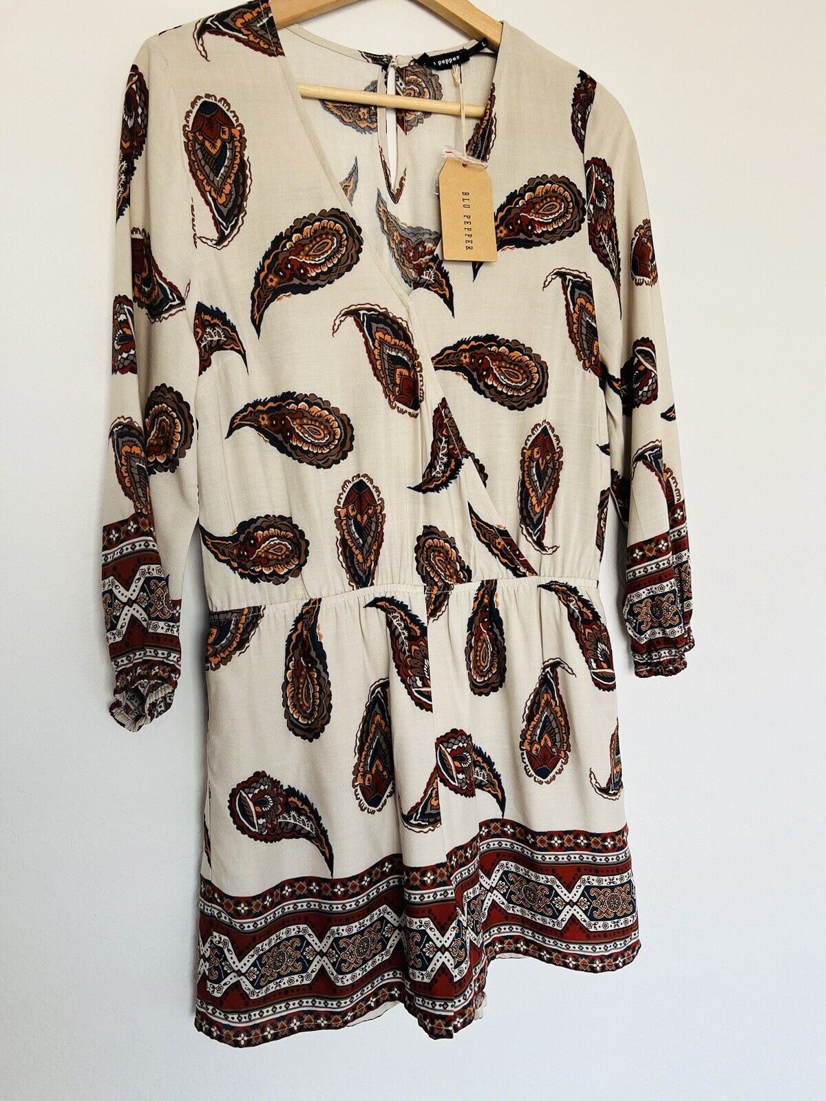 BLU PEPPER Paisley Print Romper Sz L Brown Floral 3/4 Flared Sleeve Boho