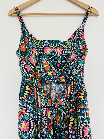 OLD NAVY Midi Floral Multi-Color Dress L Back Hi-Low Hem Smock Empire Waist