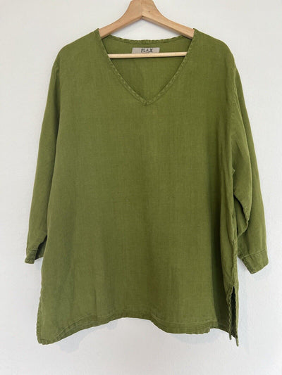 FLAX 100% Linen Women's Pullover Shirt Sz L Green Lagenlook