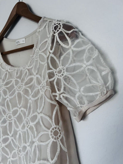 PAZZO Floral Crochet Lace Overlay Blouse Ivory Sz S Short Puff Sleeves Boho Top