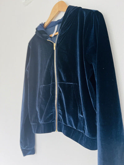 Fabletics Velvet Velour Sweatshirt Sz S Gold Zip Hoodie Dark Navy