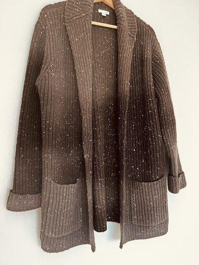 J. Jill Speckled Open Front Cardigan Sweater Sz S Brown Lambs Wool Pockets Boho