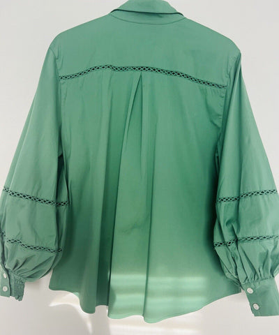 CHICO’S Poplin Billow Sleeve Blouse Shirt Sz XL Green Button Up Crochet Boho