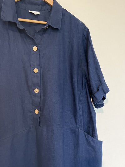J. JILL  100% Linen Midi Shirt Dress Sz 3X Blue Buttons Pockets Boho Lagenlook