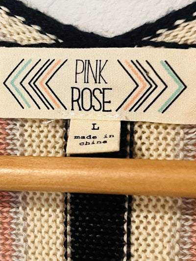 PINK ROSE Southwestern Cardigan Knit Sz L Sleeveless Pockets Open Front Aztec