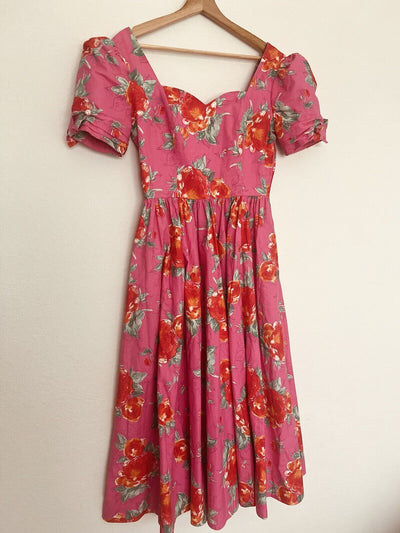 LAURA ASHLEY VTG 80s Dress US Sz 10 Pink Red Floral Cottagecore Bow Puff Sleeve
