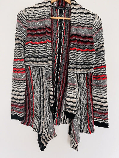 NIC + ZOE Linen Blend Cardigan Sweater Sz XS Stripe Drape Front Red Black Knit