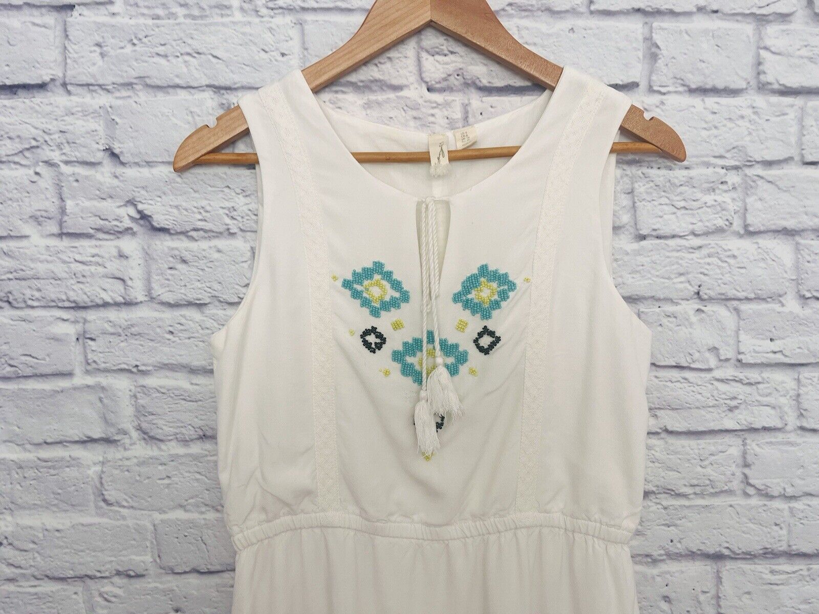 KENZIE White Turquoise Dress Beaded Sz 6 Sleeveless Cotton Lined Boho Western