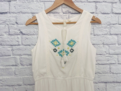 KENZIE White Turquoise Dress Beaded Sz 6 Sleeveless Cotton Lined Boho Western