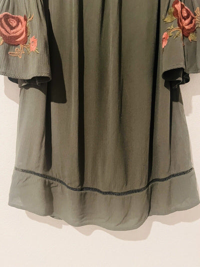 KNOX ROSE Olive Off The Shoulder Dress Sz L Embroidered 3/4 Bell Sleeve Boho