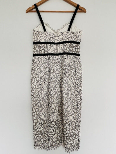 EXPRESS Black & White Floral Lace Dress Sz S Corset Crochet Sheath Velvet Trim