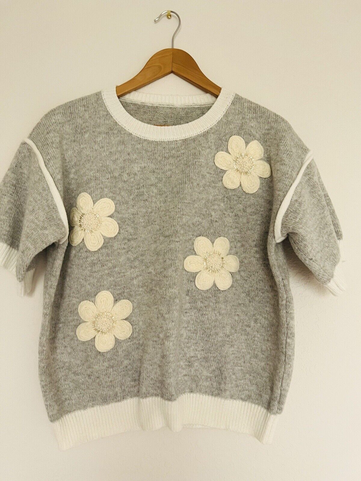 UNBRANDED Daisy 3D Floral Embroidered Sweater Sz S Top Crop Short Sleeve Gray