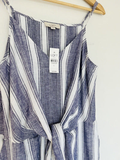 LOFT NWT Linen Blend Wide Leg Jumpsuit Sz L Khaki Blue Striped Minimalist Boho