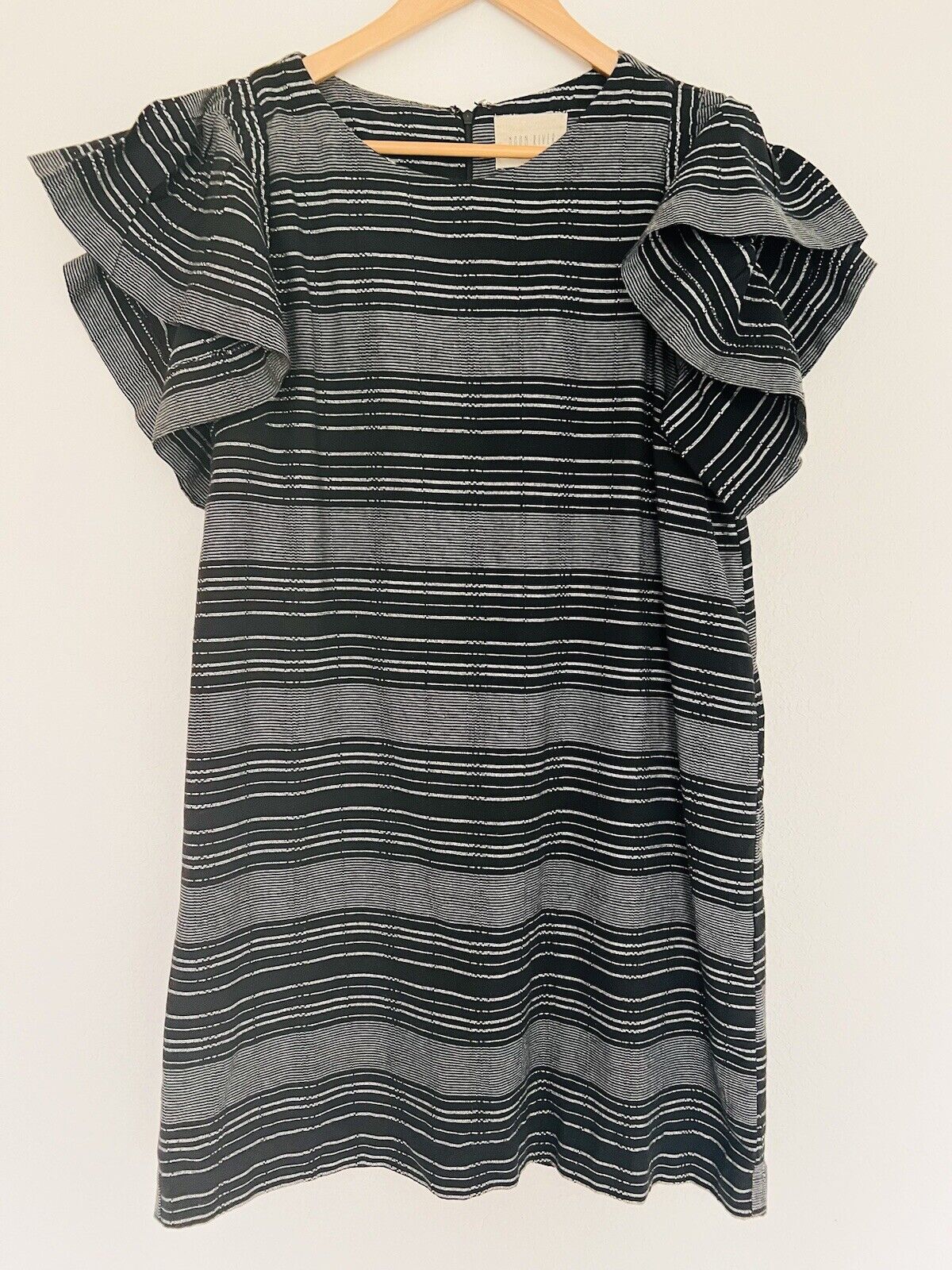 ANTHROPOLOGIE Moon River Dress Sz S Woven Flutter Sleeve Black Striped Boho