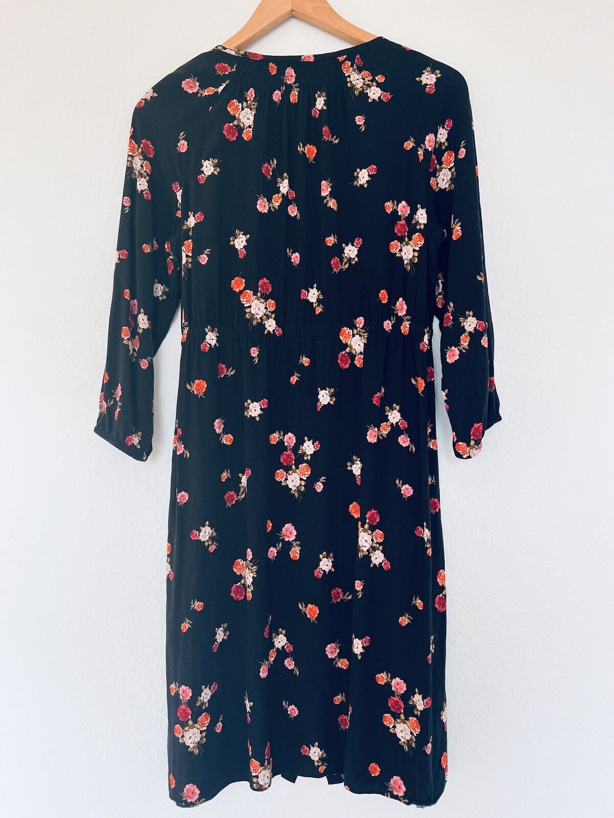 J. JILL Black Floral Tunic Dress Sz S Botton Down 3/4 Balloon Sleeves Pockets