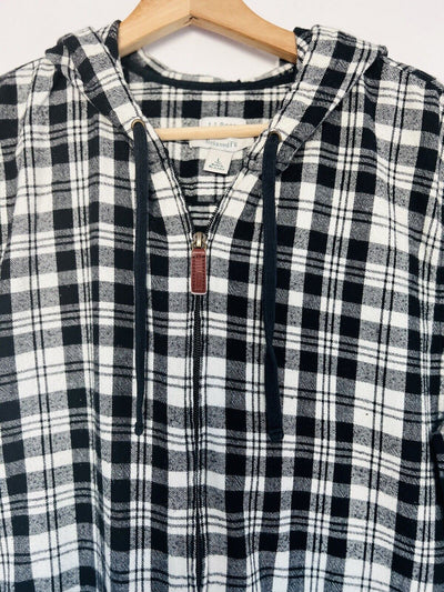 L.L. BEAN Womens Plaid Black Jacket Sz L Zip Up Cotton Hooded Flannel