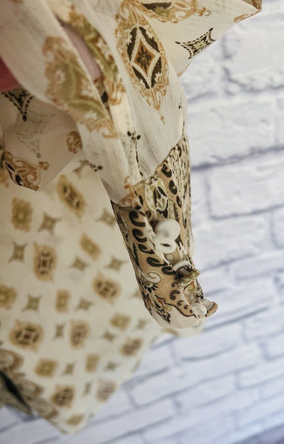CHICOS Button Up Chiffon Blouse Sz 1 Sheer Long Sleeves Paisley Ivory Flowy