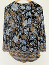 LUCKY BRAND Floral Jersey Knit Blouse Sz PS Hi-Low  V-Neck Button Boho Western