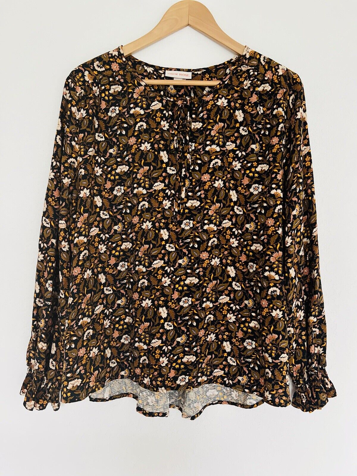 KNOX ROSE Floral Pullover Blouse Sz XL Tie Neck Long Sleeve Tunic Top Boho