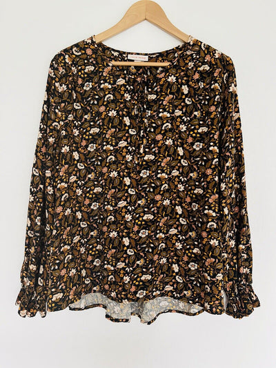 KNOX ROSE Floral Pullover Blouse Sz XL Tie Neck Long Sleeve Tunic Top Boho