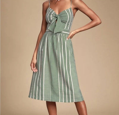 LUSH Womens Green Striped Dress Sz S Tie Front Midi Bow 100% Cotton