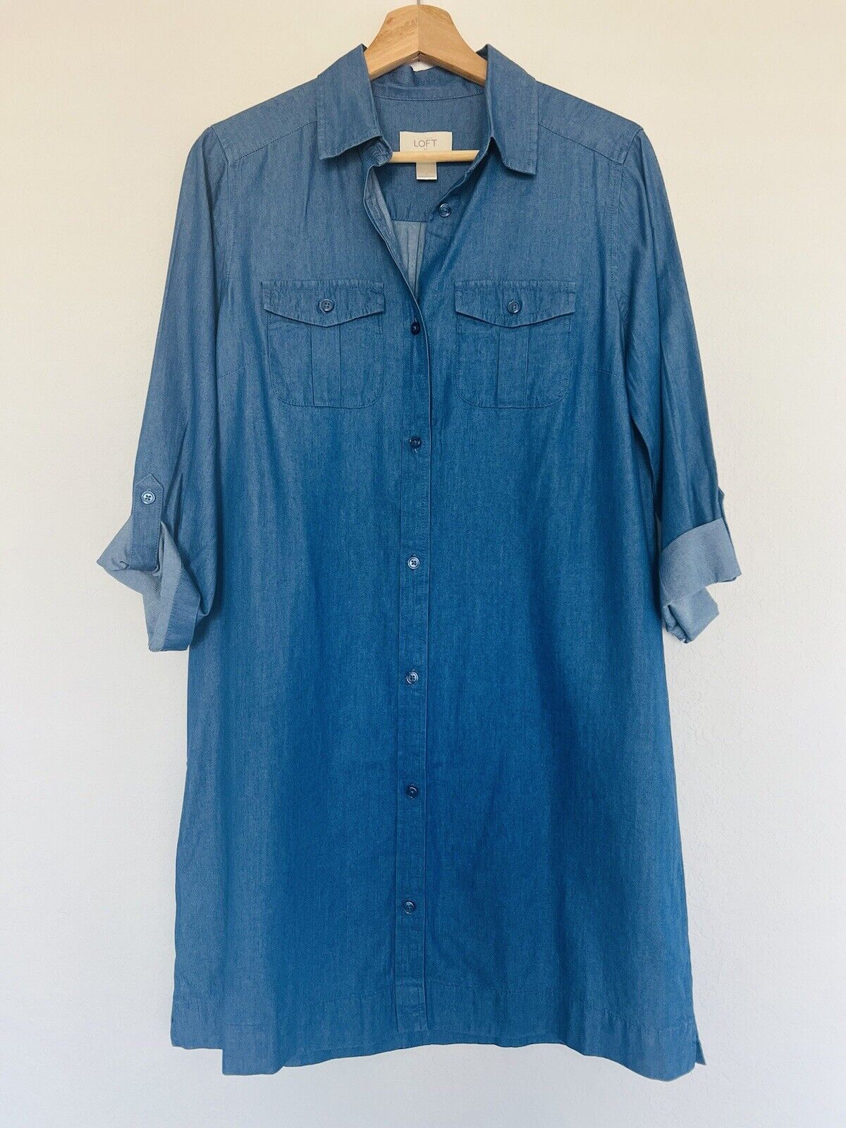 LOFT Women's Blue Button Front Roll Tab Sleeve Chambray Dress Size S