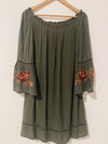 KNOX ROSE Olive Off The Shoulder Dress Sz L Embroidered 3/4 Bell Sleeve Boho