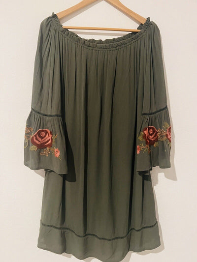 KNOX ROSE Olive Off The Shoulder Dress Sz L Embroidered 3/4 Bell Sleeve Boho