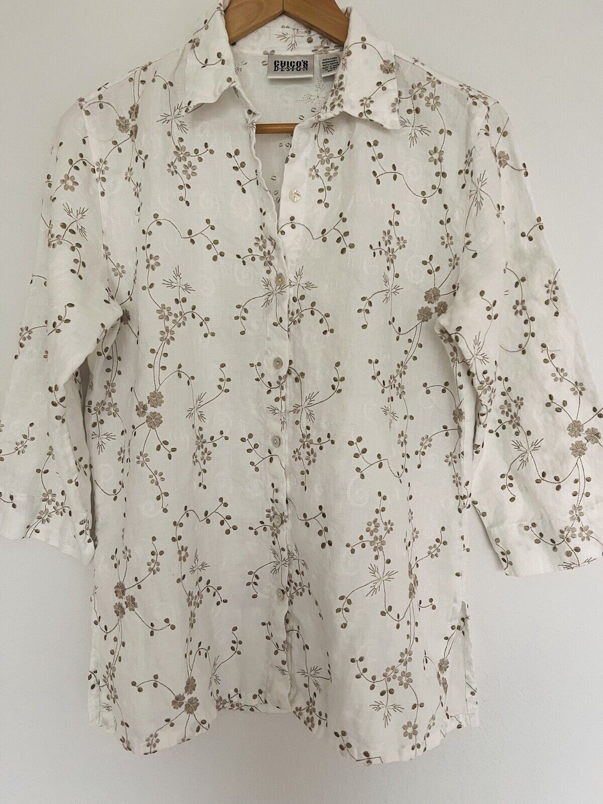 CHICO’S Design 100% Linen Button Up Shirt Sz M Embroidered Floral 3/4 Sleeve